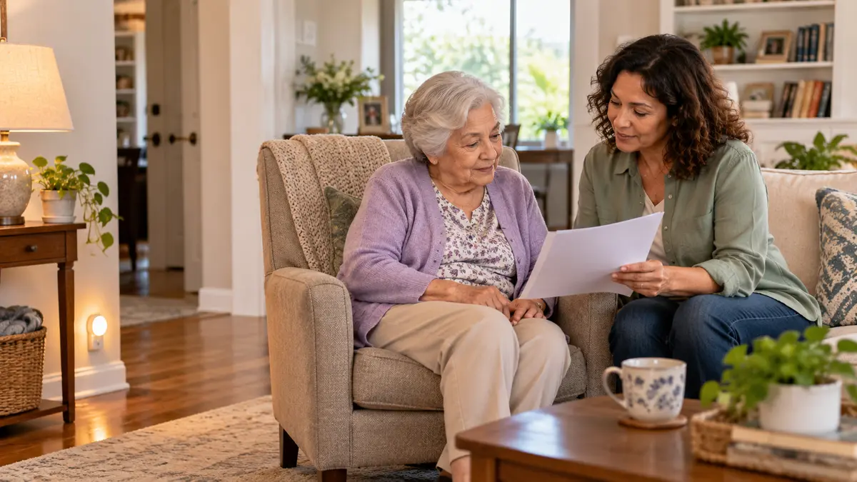 An older adult and family caregiver review a safer daily routine at home after a fall.