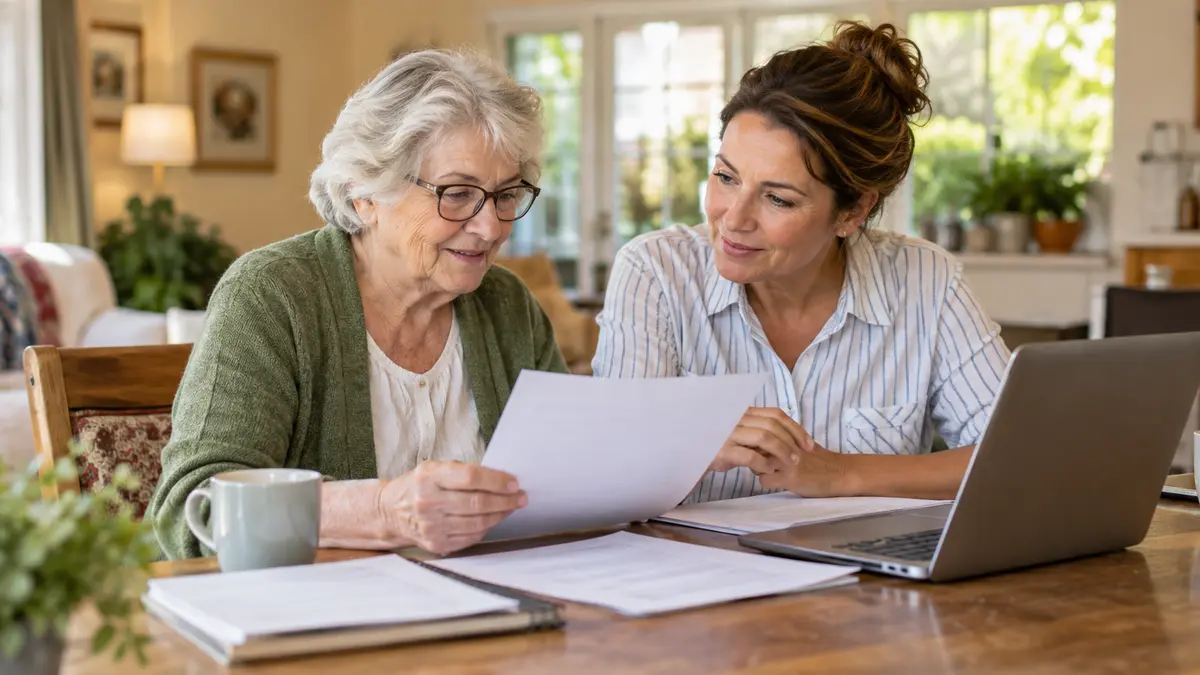 An older adult and family caregiver discuss how to ask about caregiver transportation charges at home.