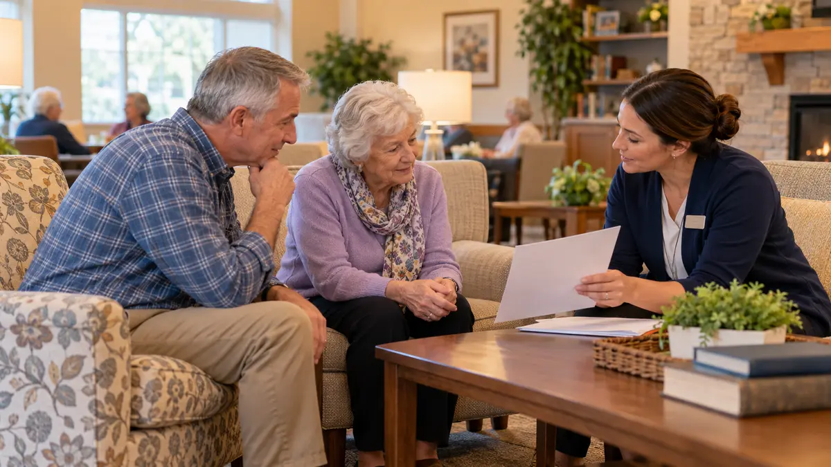 An older resident and family member discuss assisted living community fees and move in charges in an assisted-living lounge.