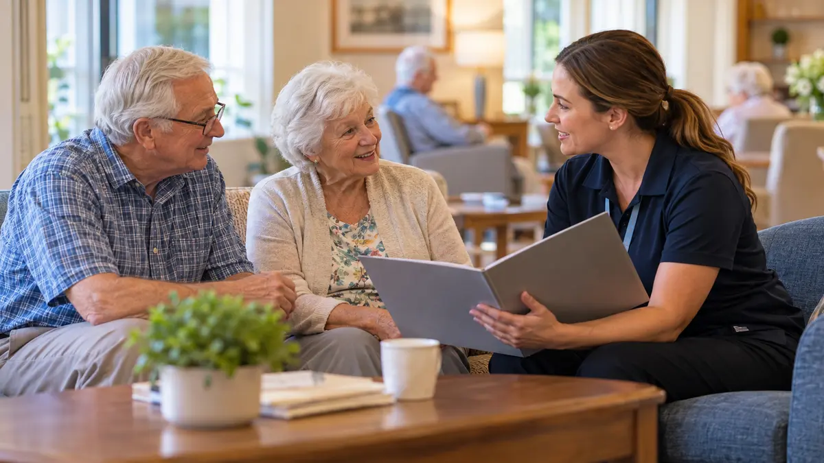 An older resident and family member discuss assisted living for couples with different care needs in an assisted-living lounge.