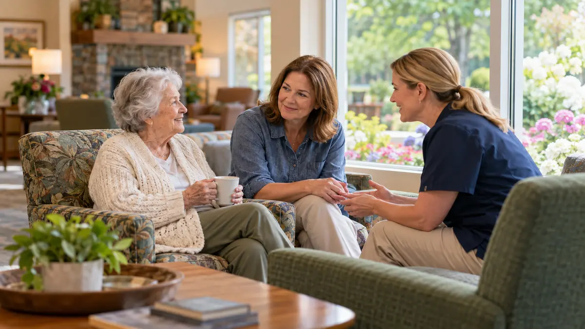 An older resident and family member discuss assisted living versus memory care when memory is the need in an assisted-living lounge.