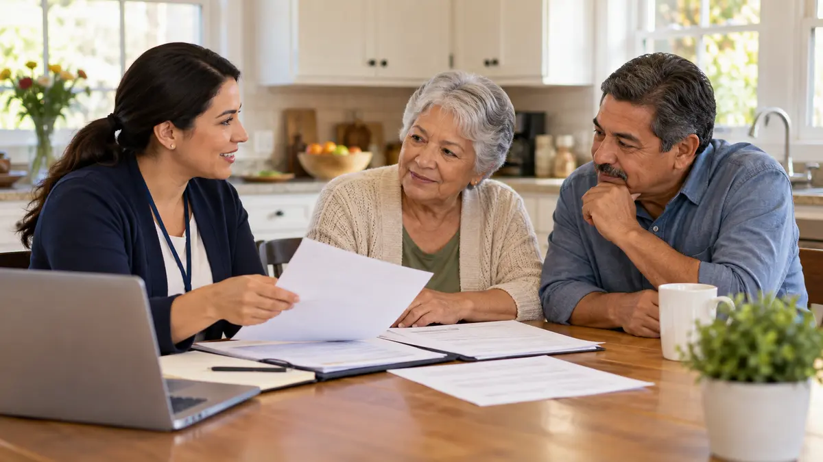 An older adult and benefits counselor discuss comparing a Medicare summary notice with a home health bill during a benefits appointment.
