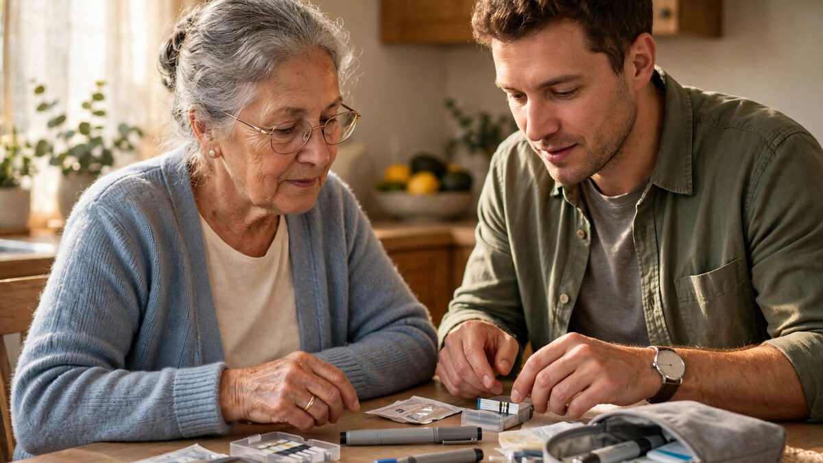 An adult son helping his senior mother review her diabetes supplies at her kitchen table at home.