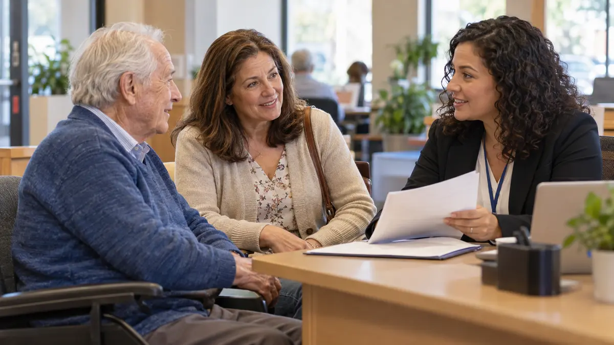 An older adult and benefits counselor discuss whether Medicare pays for a hospital bed at home during a benefits appointment.