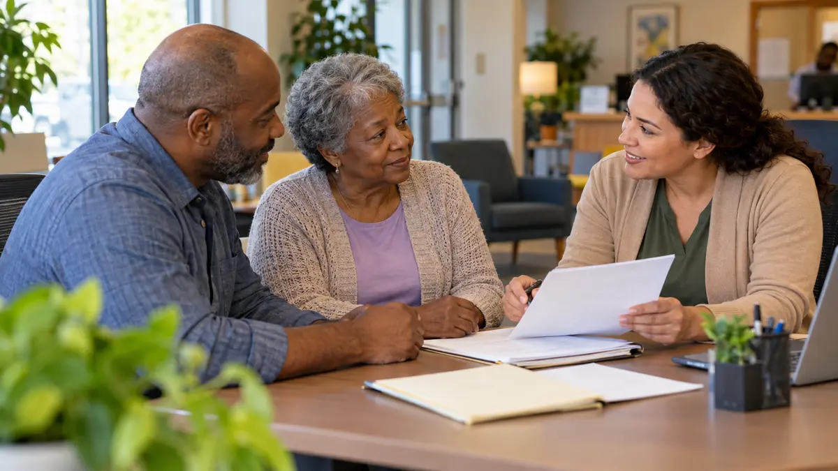 An older adult and benefits counselor discuss Hcbs waiver waitlists for assisted living explained during a benefits appointment.