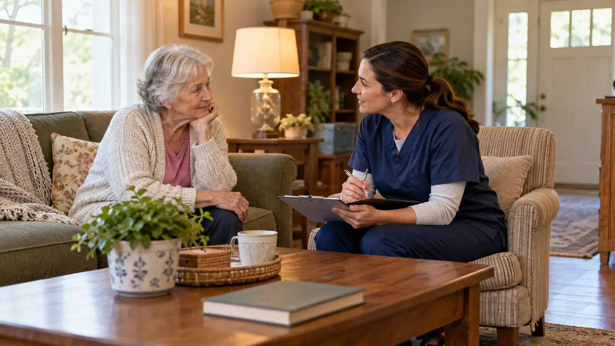 An older adult and family caregiver discuss home care for a parent who refuses help at home.