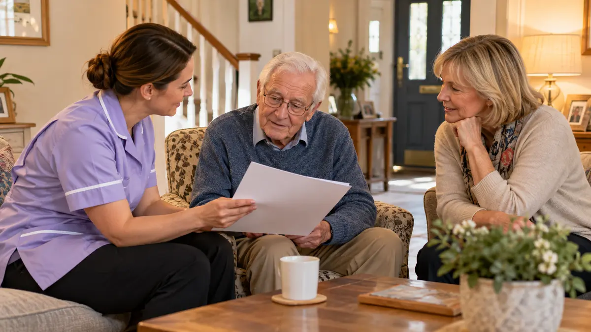 An older adult and family caregiver discuss home care rates hourly weekly and monthly explained at home.