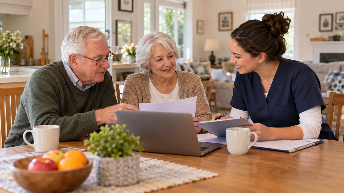 An older adult and family caregiver discuss home care rates: hourly, weekly and monthly, explained at home.