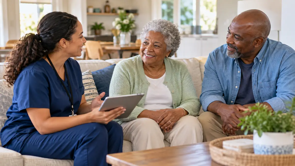 An older adult and home-health professional discuss home health under Medicare advantage: prior authorization during a home-health visit.