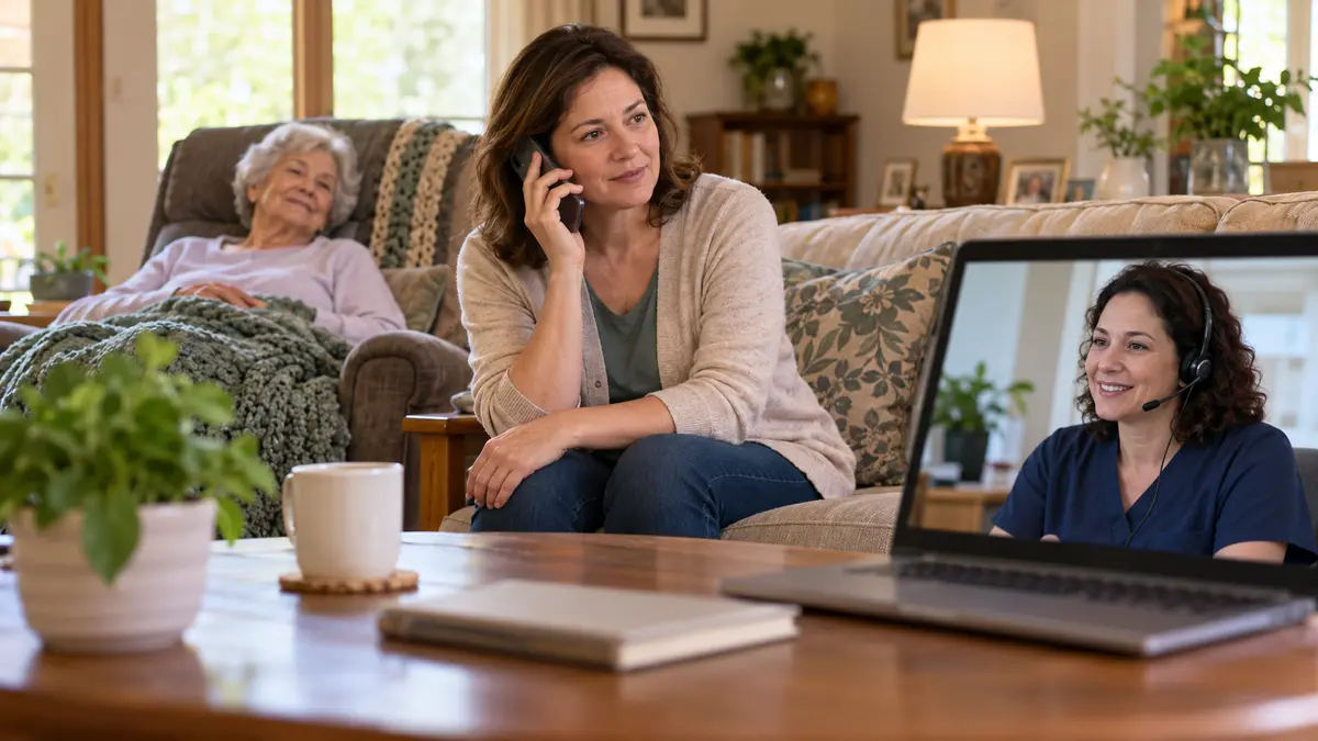An older adult and hospice caregiver discuss hospice room and board in a nursing home who pays at home or in residential care.