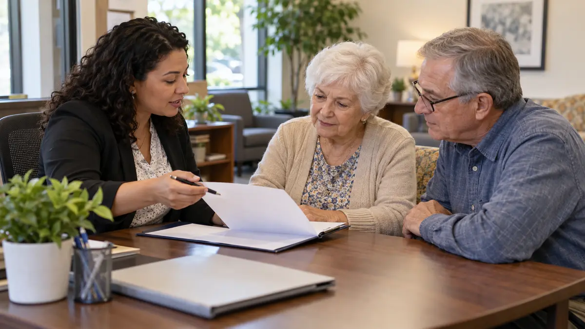 An older adult and benefits counselor discuss what a nursing home costs per month during a benefits appointment.