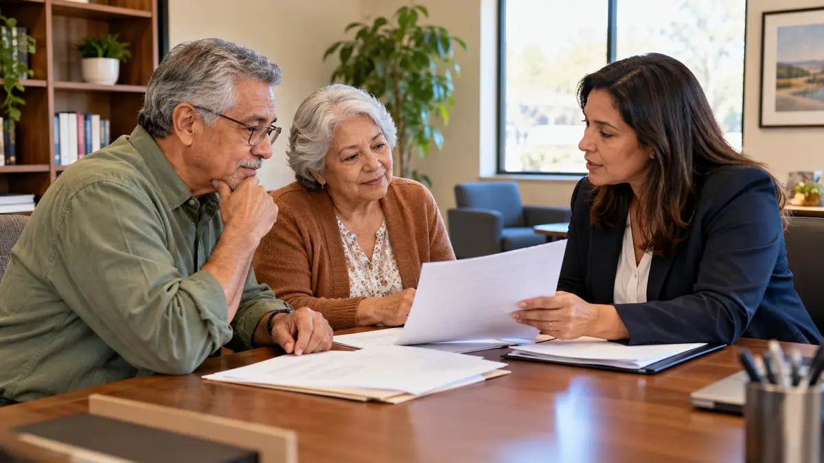 An older adult and benefits counselor discuss long term care insurance waiting periods explained during a benefits appointment.
