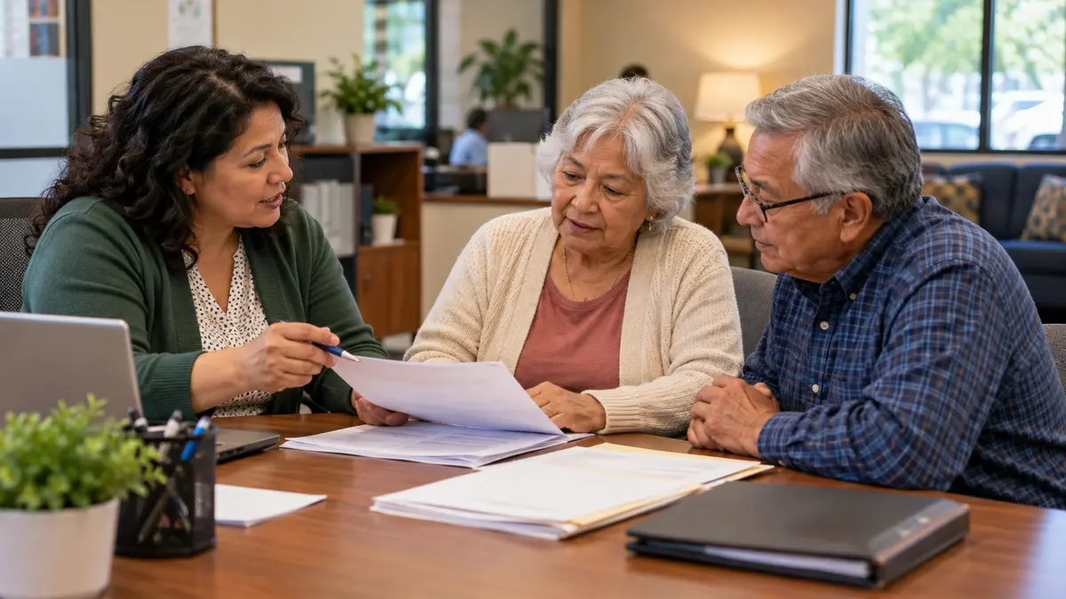 An older adult and benefits counselor discuss Medicaid spend down in plain language during a benefits appointment.