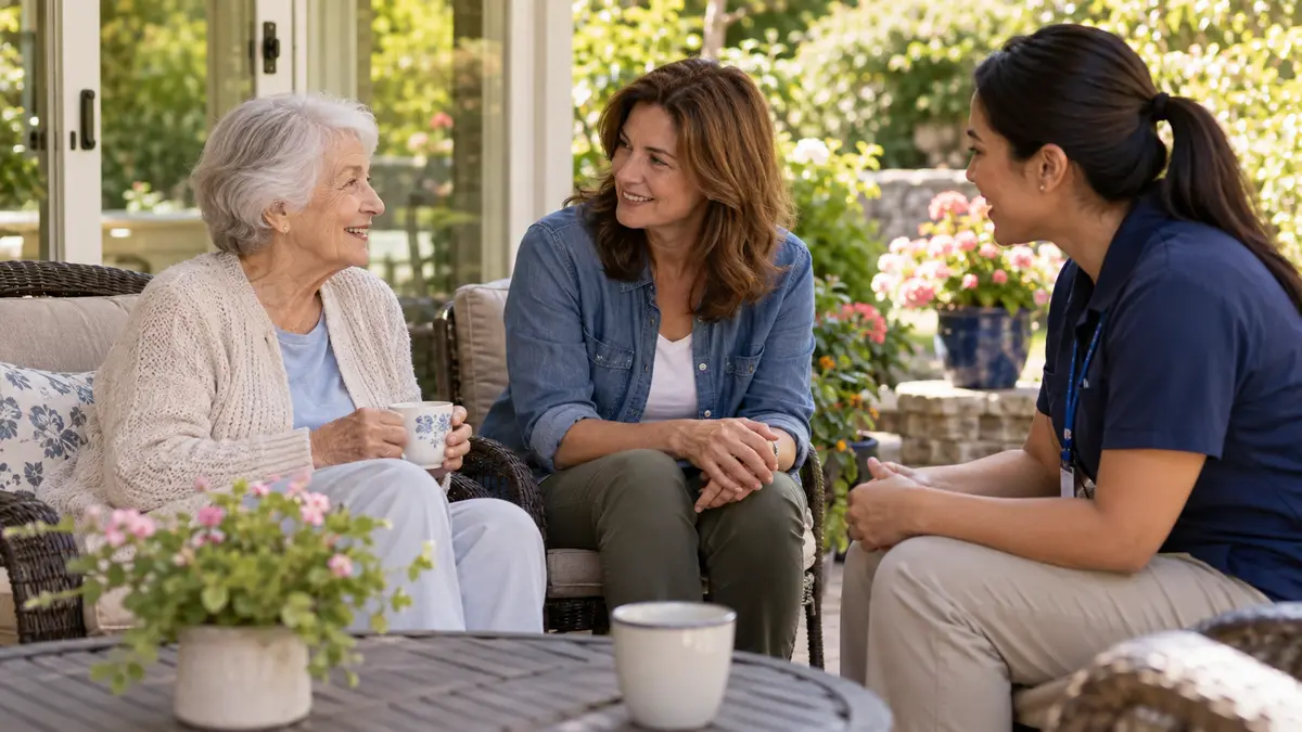 An older adult and memory-care caregiver discuss overnight safety checklist for dementia at home in a calm memory-care setting.