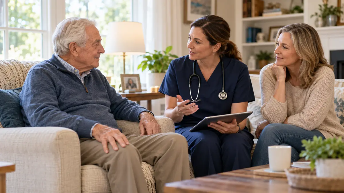 An older man with heart failure discusses breathlessness support with a palliative-care nurse and family member.