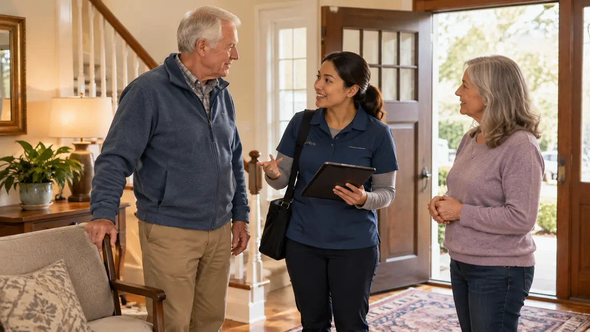 An older adult and home-health professional discuss physical therapy at home goals and progress notes during a home-health visit.
