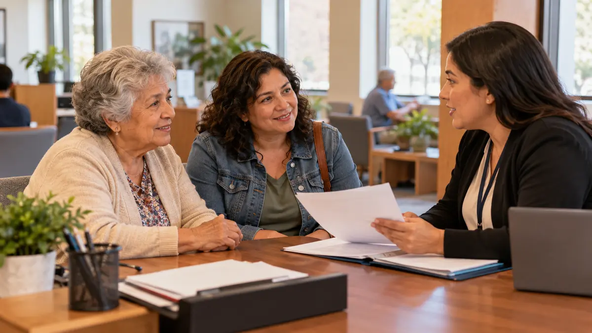 An older adult and benefits counselor discuss questions to ask at the first home health visit during a benefits appointment.
