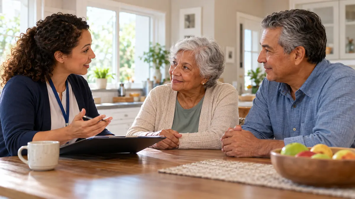 An older adult and benefits counselor discuss questions to ask at the first home health visit during a benefits appointment.