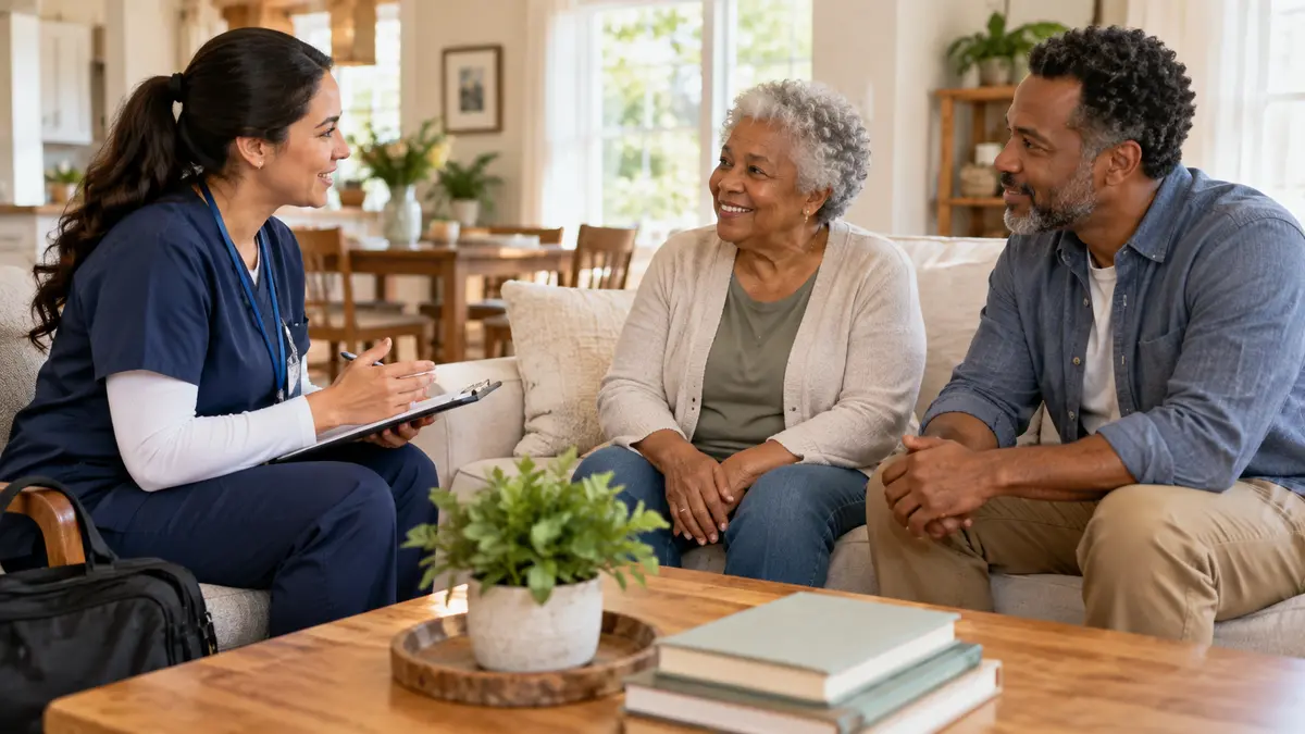 An older adult and home-health professional discuss responding to a missed home health visit during a home-health visit.