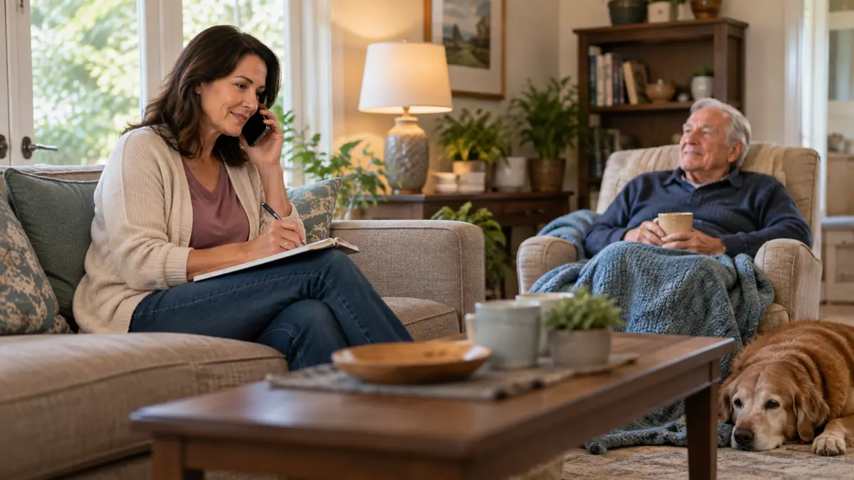 An older adult and hospice caregiver discuss the levels of hospice care and what each covers at home or in residential care.