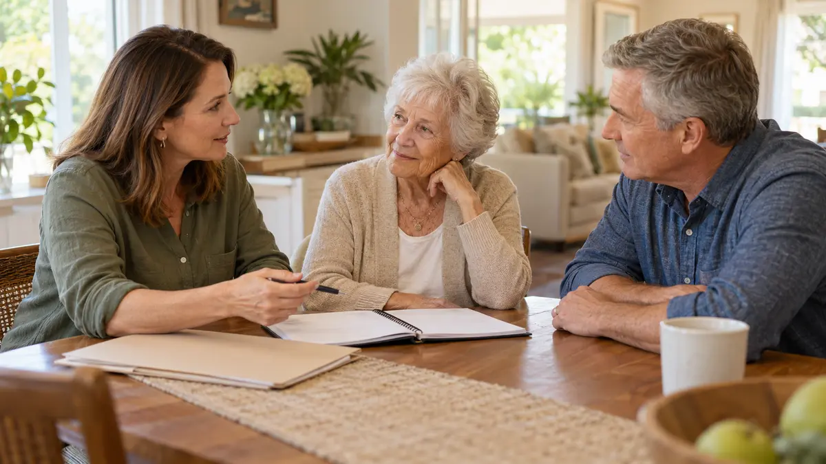 An older adult and family caregiver discuss a written caregiving arrangement at home.