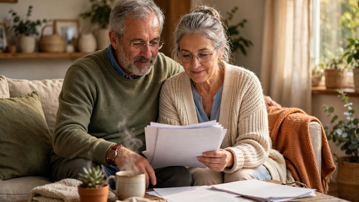 A senior couple sitting together at home reviewing health insurance paperwork on their couch.
