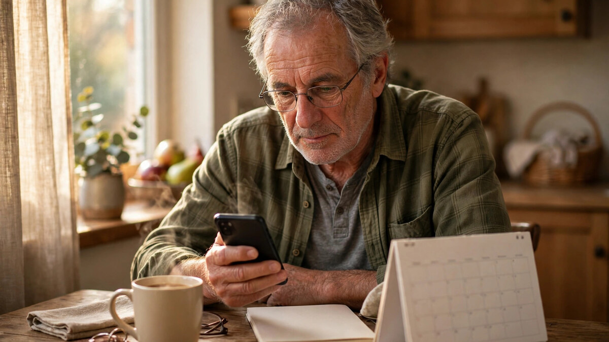 An older man checks his phone beside a calendar at his kitchen table.