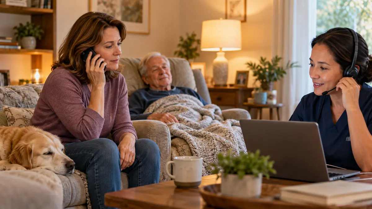 An older adult and hospice caregiver discuss when to call the hospice team at night at home or in residential care.