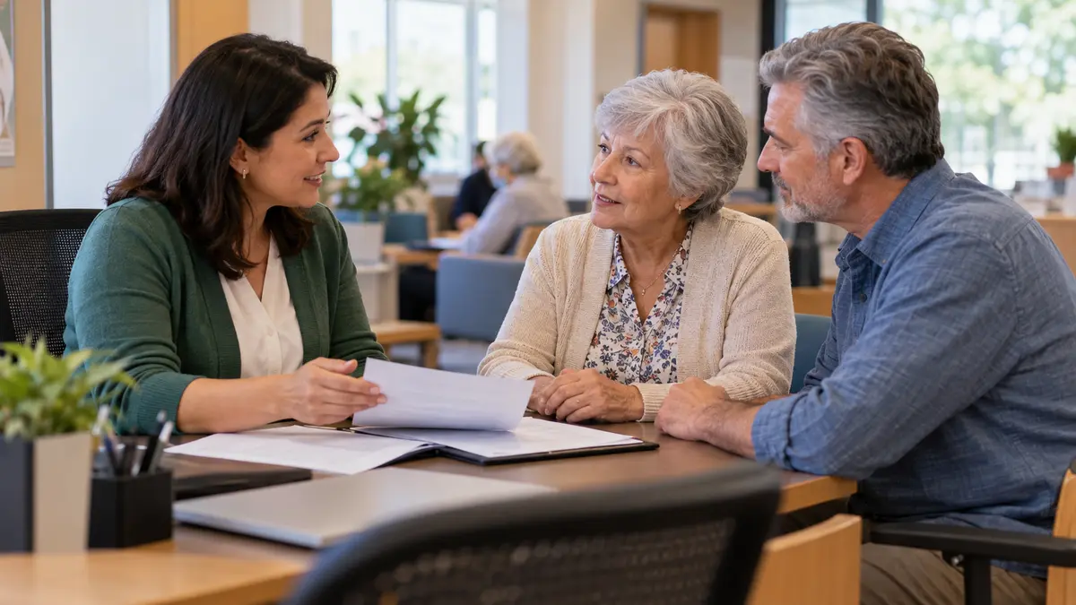 An older adult and benefits counselor discuss who pays when Medicare home health coverage ends during a benefits appointment.
