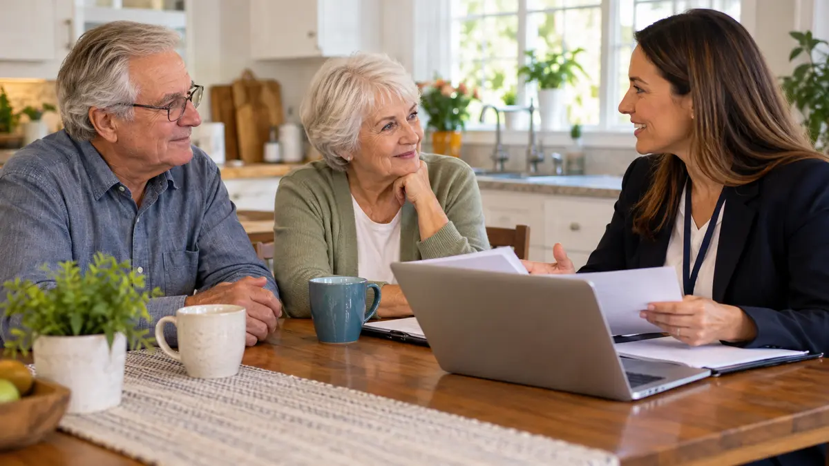 An older adult and benefits counselor discuss who pays when Medicare home health coverage ends during a benefits appointment.