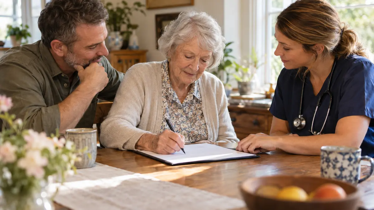 An older adult and family caregiver write down symptom goals with a care professional.