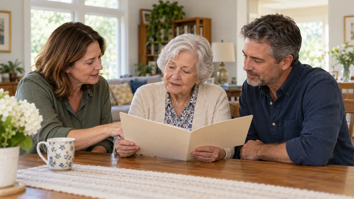 An older adult and family members review care information together at home.